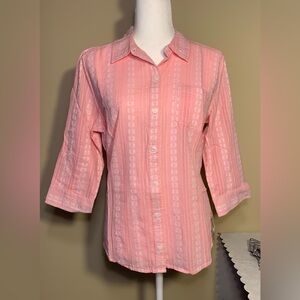 NWT Top: Button-Down, Pink & White, Flattering Vertical Stripes, Flowers, Petite
